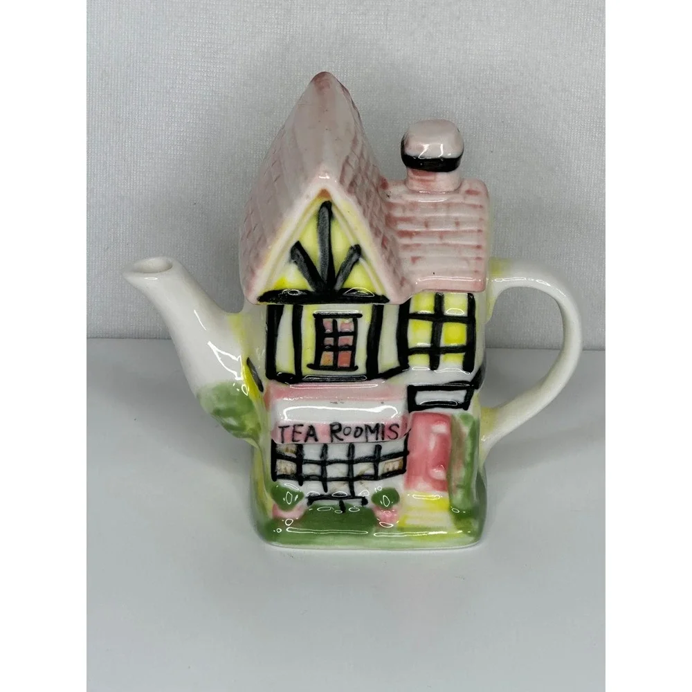 Vintage Miniature Cottage Tea Rooms Teapot Ceramic Hand Painted Tudor House 4in